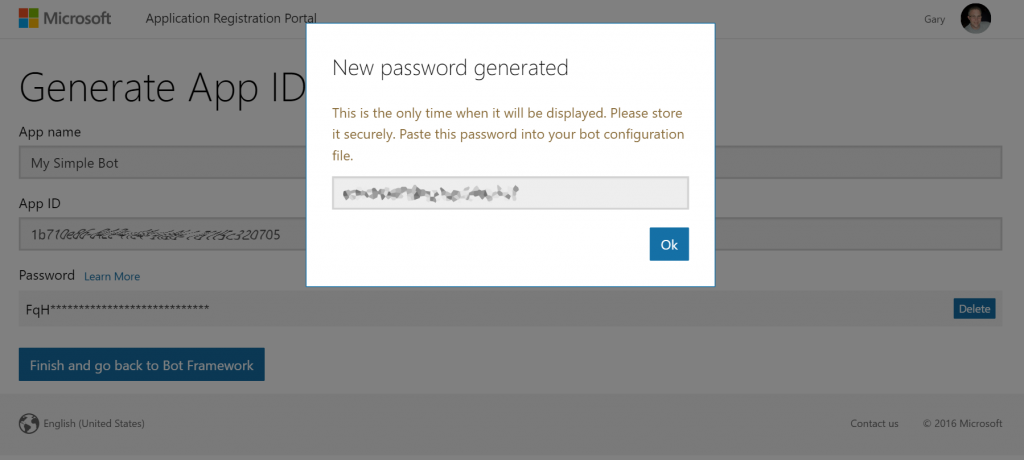 Generated App Id and Password